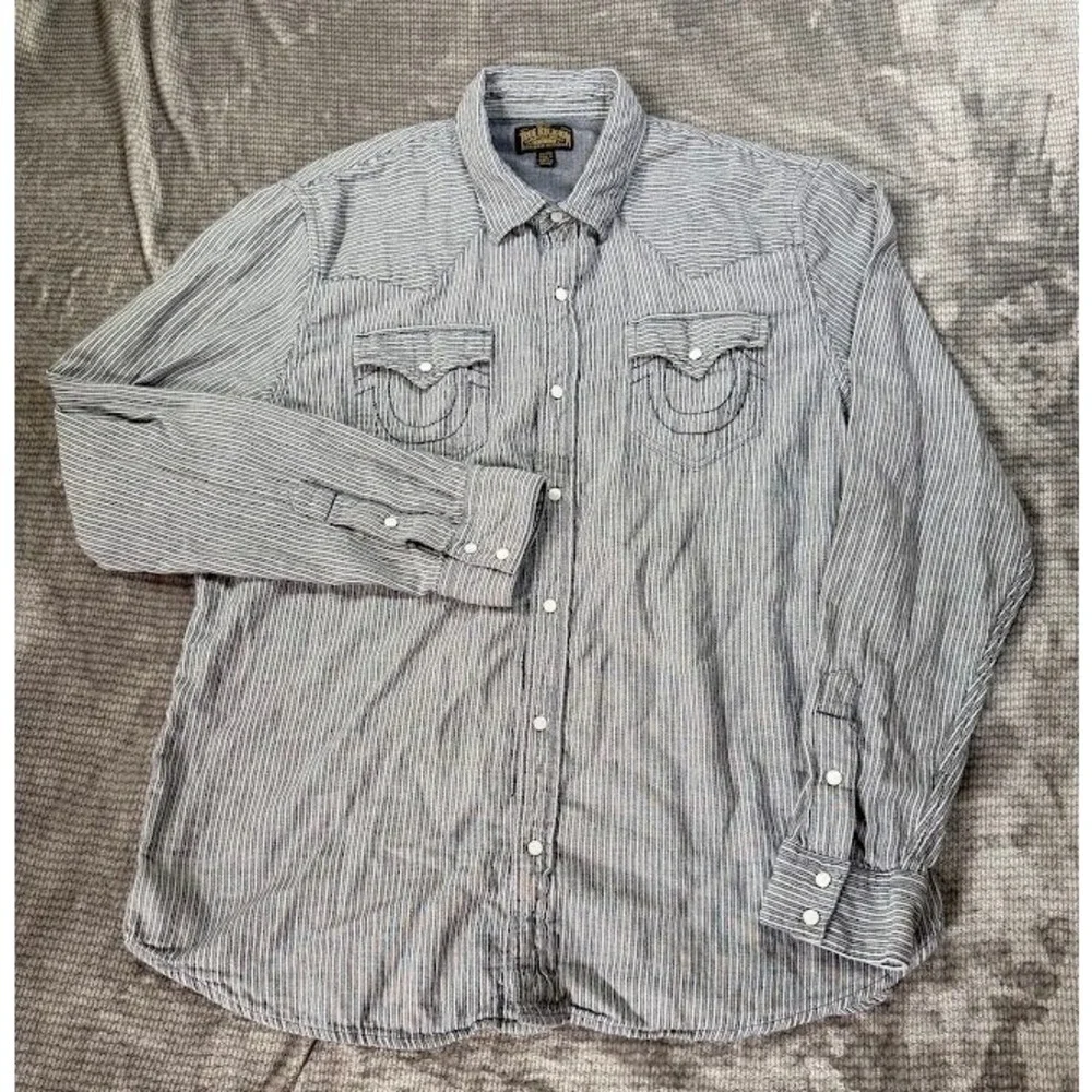 True Religion Mens Striped Western Snap Front Shirt Blue White 2XL Horseshoe